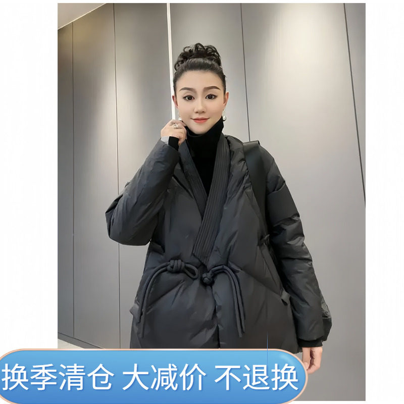 文艺复古白鸭绒V领百搭简约外套