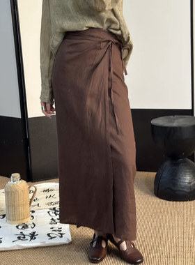 纯色棉麻一片式显瘦裹裙短款复古
