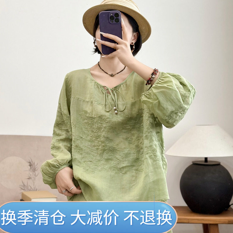 重工刺绣领口系带灯笼袖衬衫