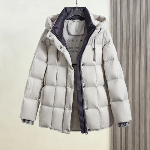 白鸭绒中长款撞色设计连帽羽绒服