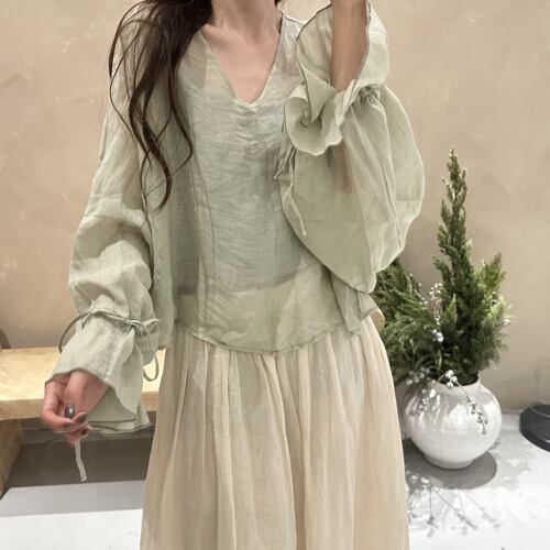 薄如蝉翼天然苎麻V领花边上衣女