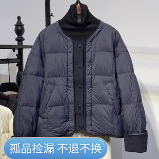 文艺原创灯芯绒拼接无领羽绒服女短款2025新款90白鸭绒翻口袖圆领