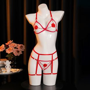 玫瑰花珍珠三点情调内衣性感qq衣物情愫内衣套装小胸情q衣纯欲 红