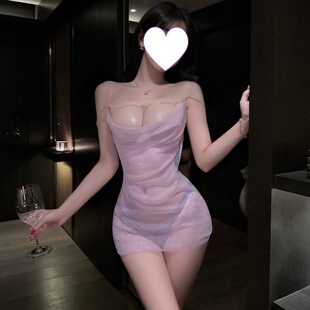 女士奶呼呼睡裙全透明薄纱性感刺激睡衣约会战袍纯欲风紫色吊带裙