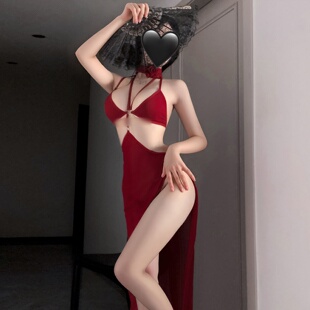 新年战袍氛围睡衣性感妻感裙子挂脖纯欲睡裙长款调戏连衣裙透视装