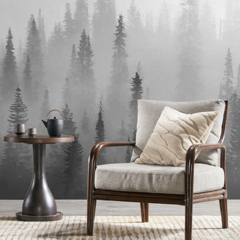 墙酷 茶室复古风景壁画餐厅客厅卧室灰色丛林新中式植物壁纸 雾林