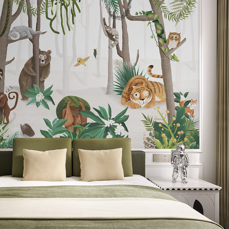 墙酷 现代简约卡通动物定制壁画儿童房床头背景墙卧室墙纸 捉迷藏