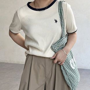 日本代购直邮CPCM U.S. POLO ASSN.刺绣小LOGO螺纹短袖T恤女款
