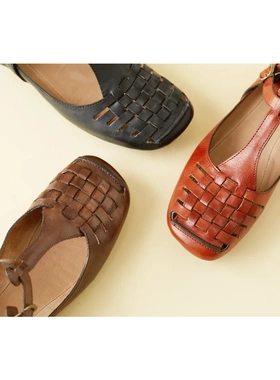 日本制代购直邮SAYA 51178编织三色重腊皮复古凉鞋女款