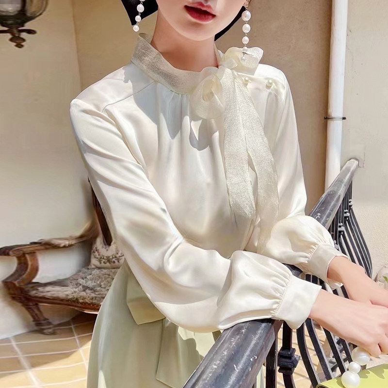 高级感缎面法式飘带衬衫女2022秋装新款气质设计感立领蝴蝶结上衣