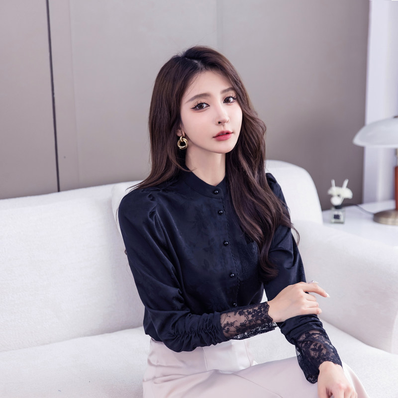 高级感缎面设计感小众女衬衫长袖蕾丝拼接名媛优雅暗纹提花OL上衣