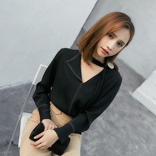 新款 长袖 女装 宽松不规则套头镂空蝴蝶结衬衫 上衣 韩版 2020秋装