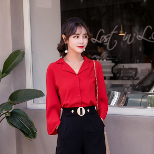 气质西装 领喇叭袖 开叉雪纺衫 2020春装 红色衬衫 韩版 九分袖 上衣 新款
