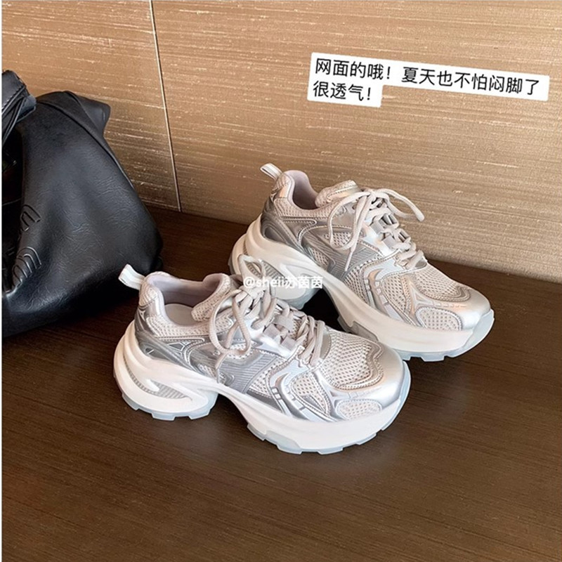 葡萄妈同款 巴黎旧刊~银白色网面增高厚底运动休闲鞋女真皮老爹