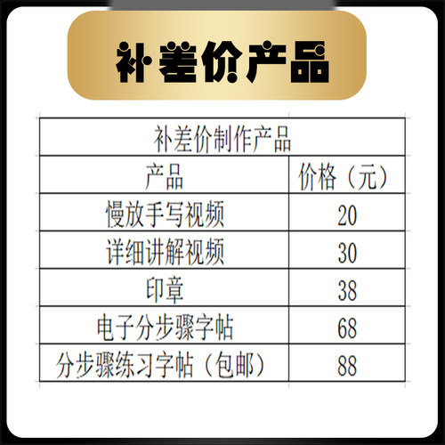 补差价制作 慢放手写视频 详细讲解视频 电子字帖 练习字帖 印章