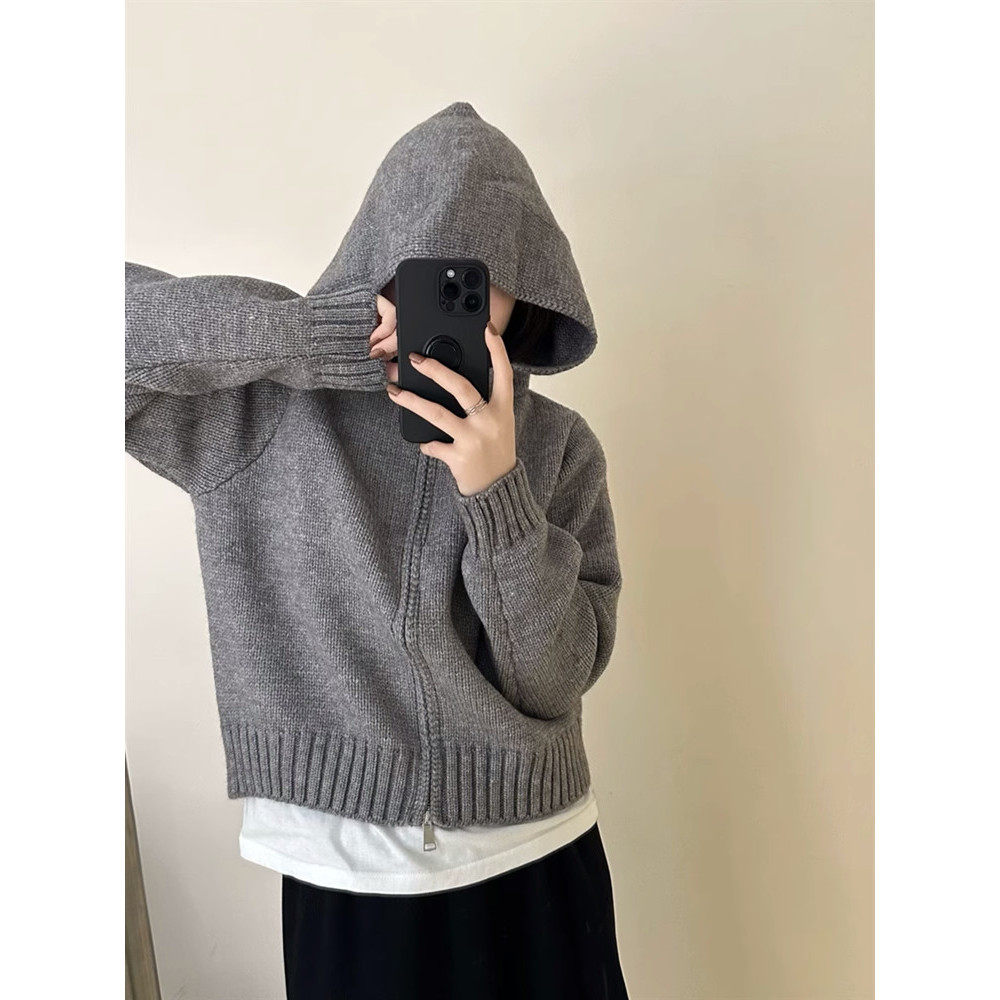 纯色气质简约百搭正肩连帽拉链长袖针织开衫女春秋冬季毛衣上衣潮