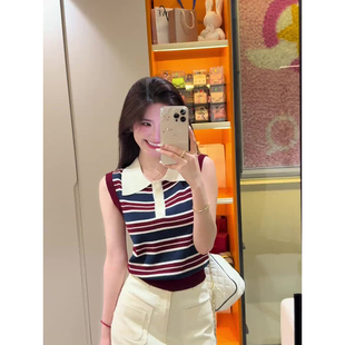 背心 美式 学院风撞色条纹无袖 上衣女夏季 纽扣Polo领外穿时髦针织衫