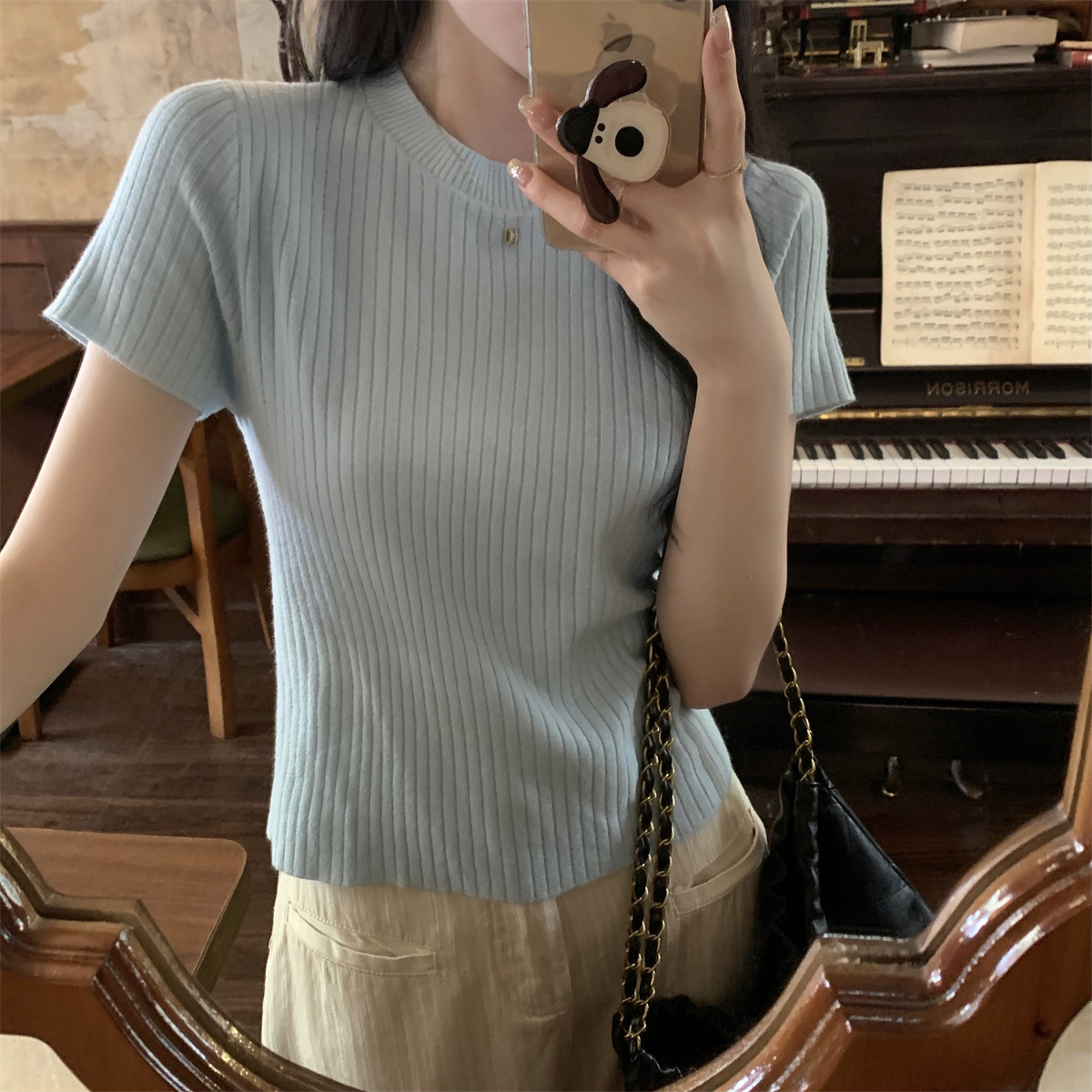 坑条高级感针织短袖女2025夏季薄款正肩T恤修身显瘦打底衫上衣