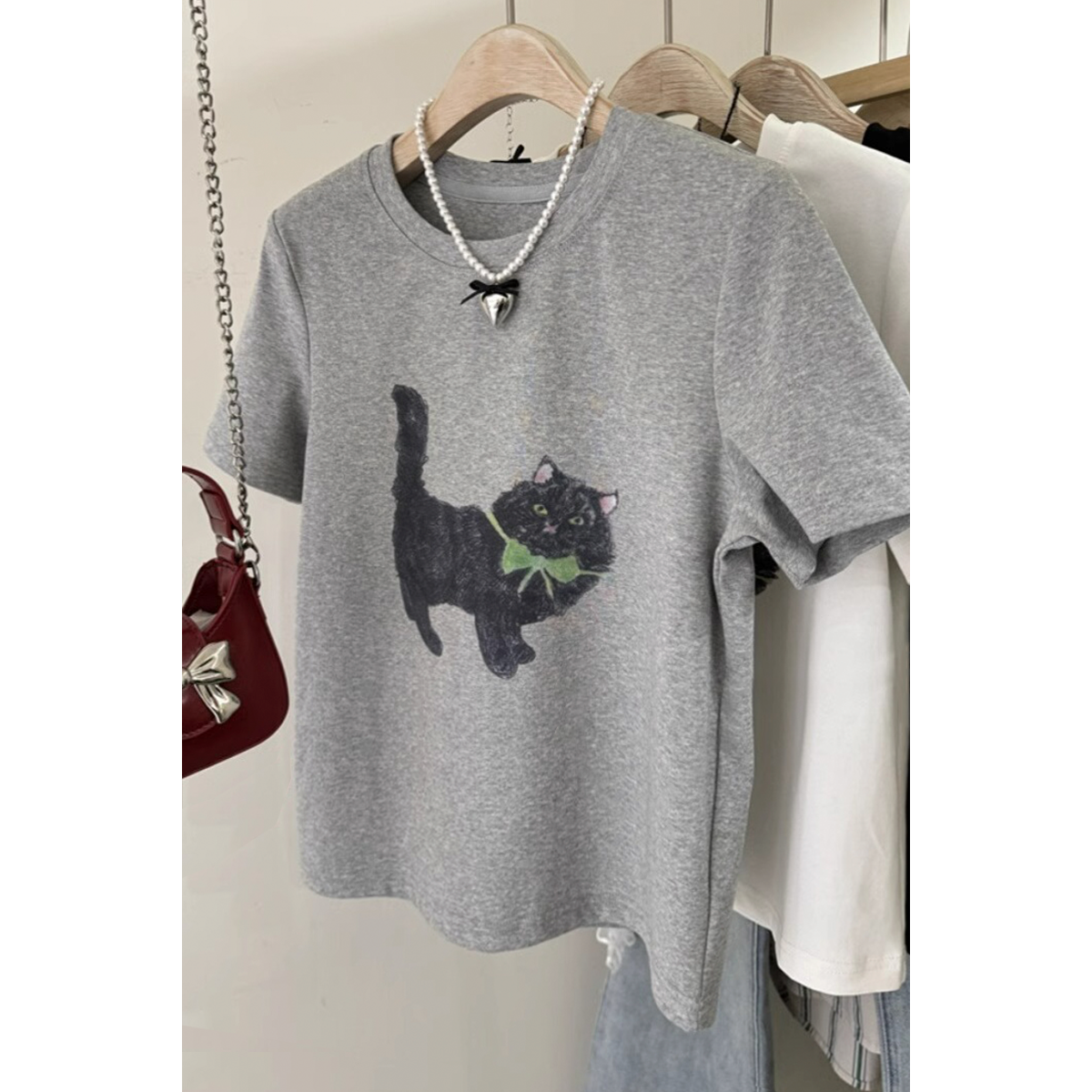 可爱小猫印花纯棉正肩短袖T恤宽松大码女装夏季新款打底衫女上衣