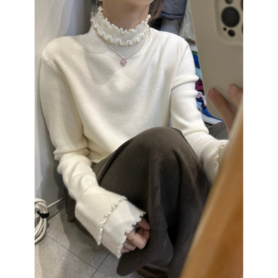 双层木耳边半高领针织毛衣