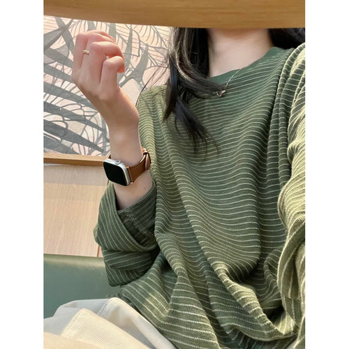 绿色条纹宽松显瘦长袖T恤女