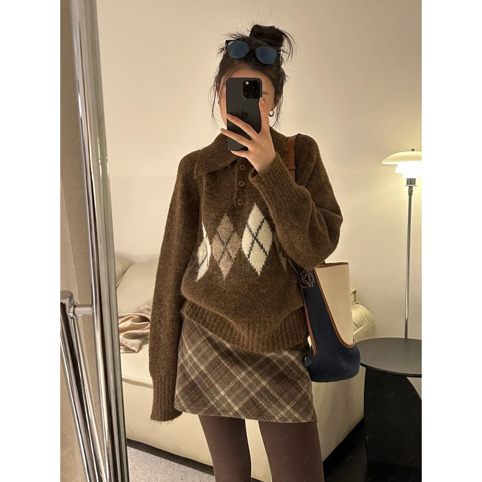 洋气减龄菱格polo领针织衫女春秋冬季打底内搭毛衣长袖高级感上衣