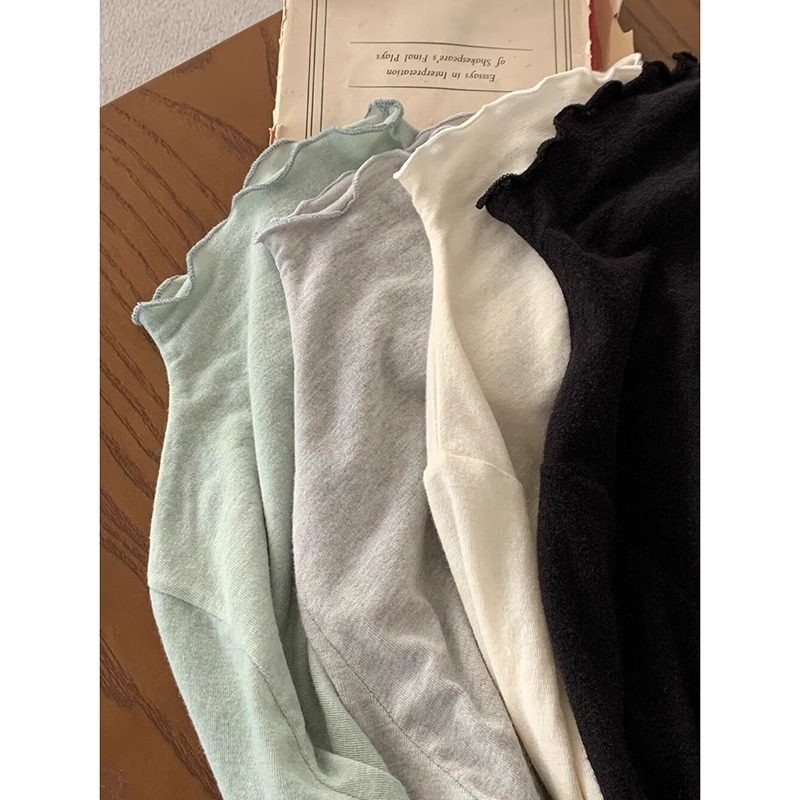 莫代尔木耳边半高领打底衫女春秋季新款修身显瘦内搭长袖t恤上衣