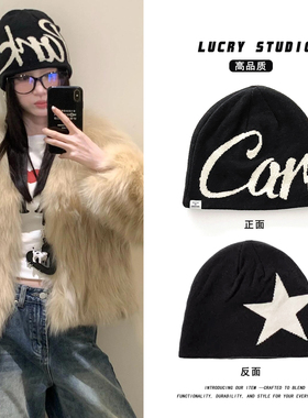 头潮人字母包头帽子男女秋冬季双面使用堆堆帽时尚潮流旅行包头帽