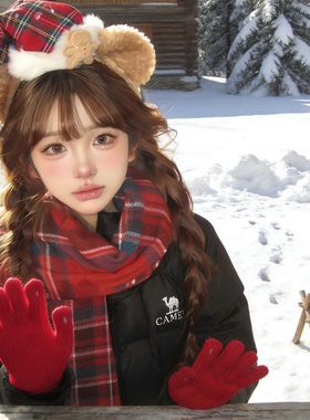 韩版红色格子围巾女冬季保暖长方形毛绒围脖可爱圣诞节新年穿搭