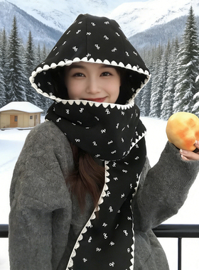 蝴蝶结连帽围巾一体女秋冬2025新款潮蝴蝶结印花保暖百搭韩版帽子