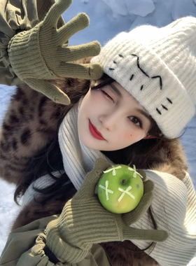 甜美可爱猫耳朵大头围针织帽子女秋冬季保暖百搭显脸小护耳毛线帽