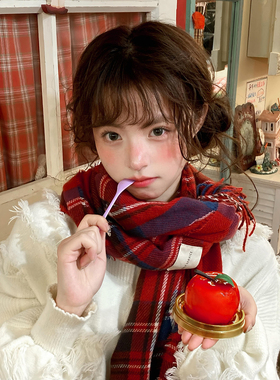 韩版红格子圣诞节围巾女冬季保暖百搭仿羊绒氛围感针织新年围脖潮