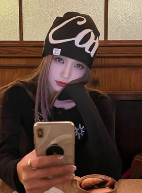 街头黑色字母针织帽男女冬季保暖显脸小冷帽慵懒风包头帽子堆堆帽