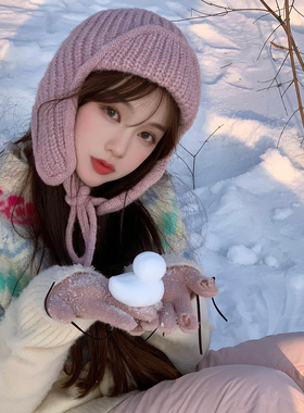 可爱粉色针织护耳帽女秋冬保暖绑带毛线帽显脸小百搭东北护耳帽子
