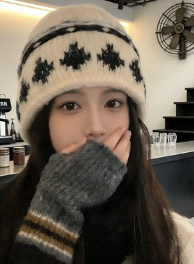 费尔岛风针织毛线帽女款2025新款冬提花包头帽大头围护耳保暖帽子