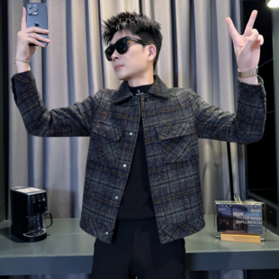 155矮个子秋冬小码男装帅气呢子夹克S号XS码短款外套瘦人格子上衣