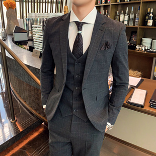 XS小码矮个子男士韩版格子西服套装160S号新郎伴郎修身西装三件套