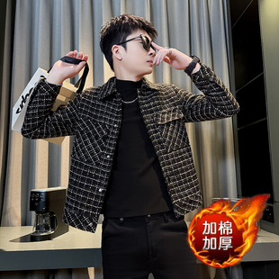 冬季小码短款韩版修身格子外套男矮个子XS码S号加棉呢子夹克潮155