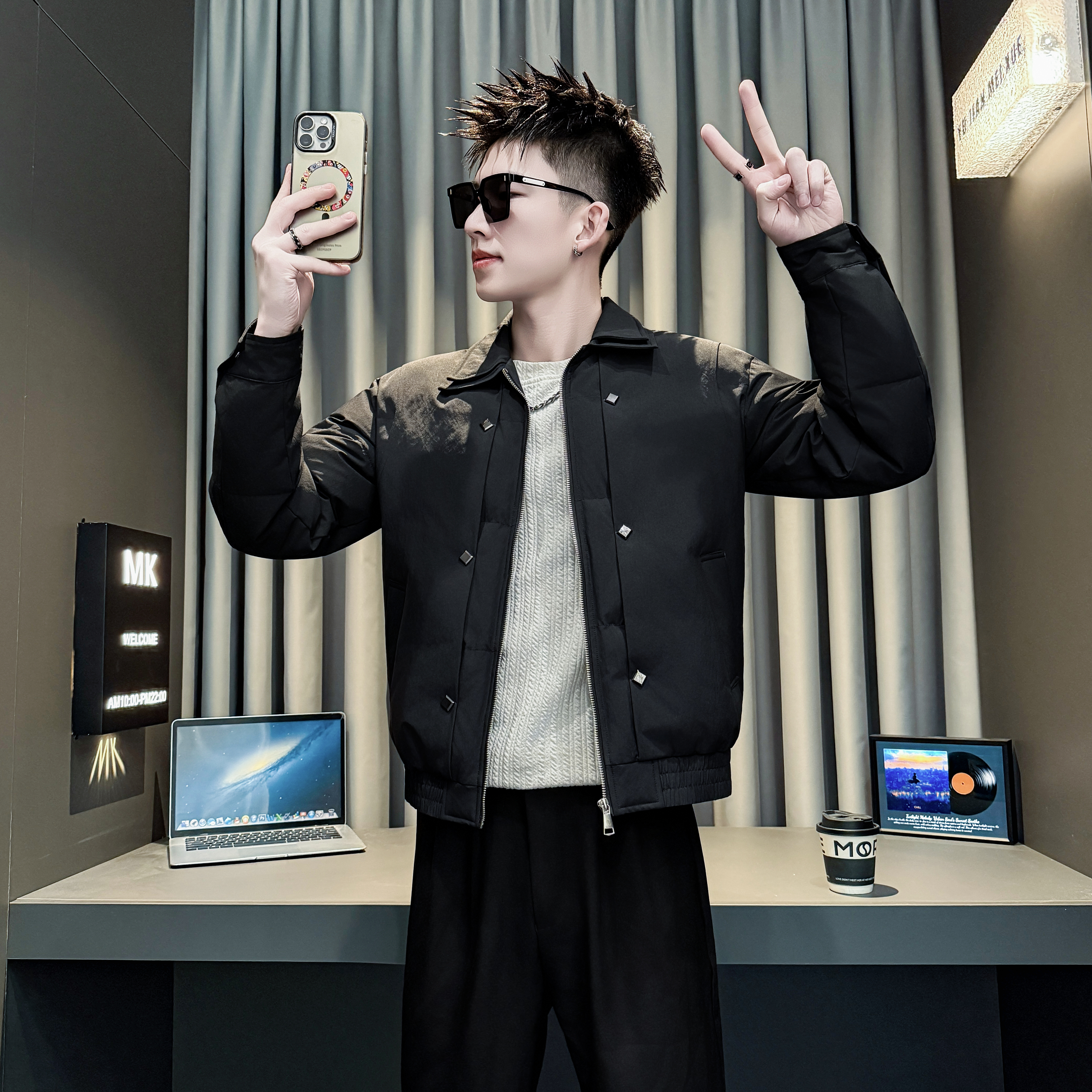 冬季小码潮流翻领棉衣男矮小个子XS码S号柳钉短款修身棉服外套155