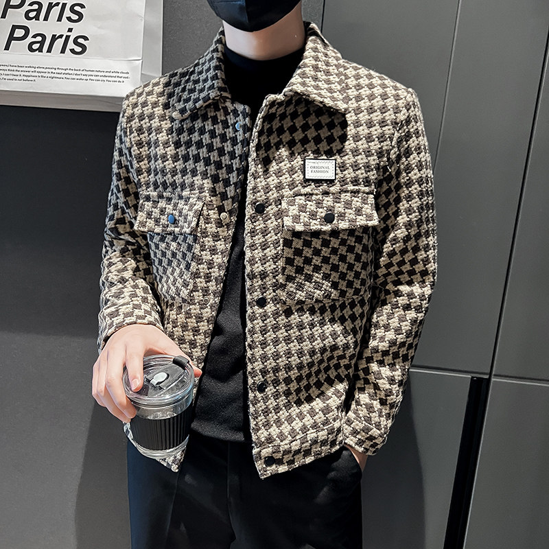 秋冬小码呢子外套男矮个子XS码韩版潮流翻领修身短款格子夹克160