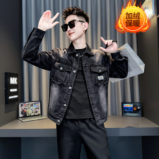冬季新款小码短款加绒牛仔夹克男矮个子XS码S号修身加厚外套潮160