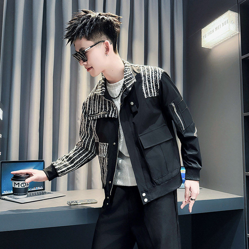 小码男士修身拼接短款外套韩版潮流矮个子XS码S号新款休闲夹克160