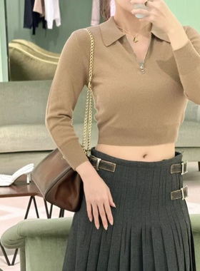 100羊毛小V翻领短款针织衫上衣 25秋冬新款英伦风时尚百搭短毛衣