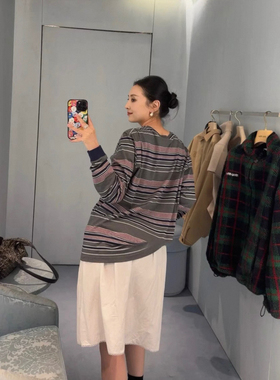 条纹控定织mi~洗水棉纱软糯条纹撞色圆领长袖针织衫廓形慵懒风25