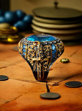 SELIM土耳其vintage复古重工海蓝宝石戒指925银镀金雕花霸气礼物