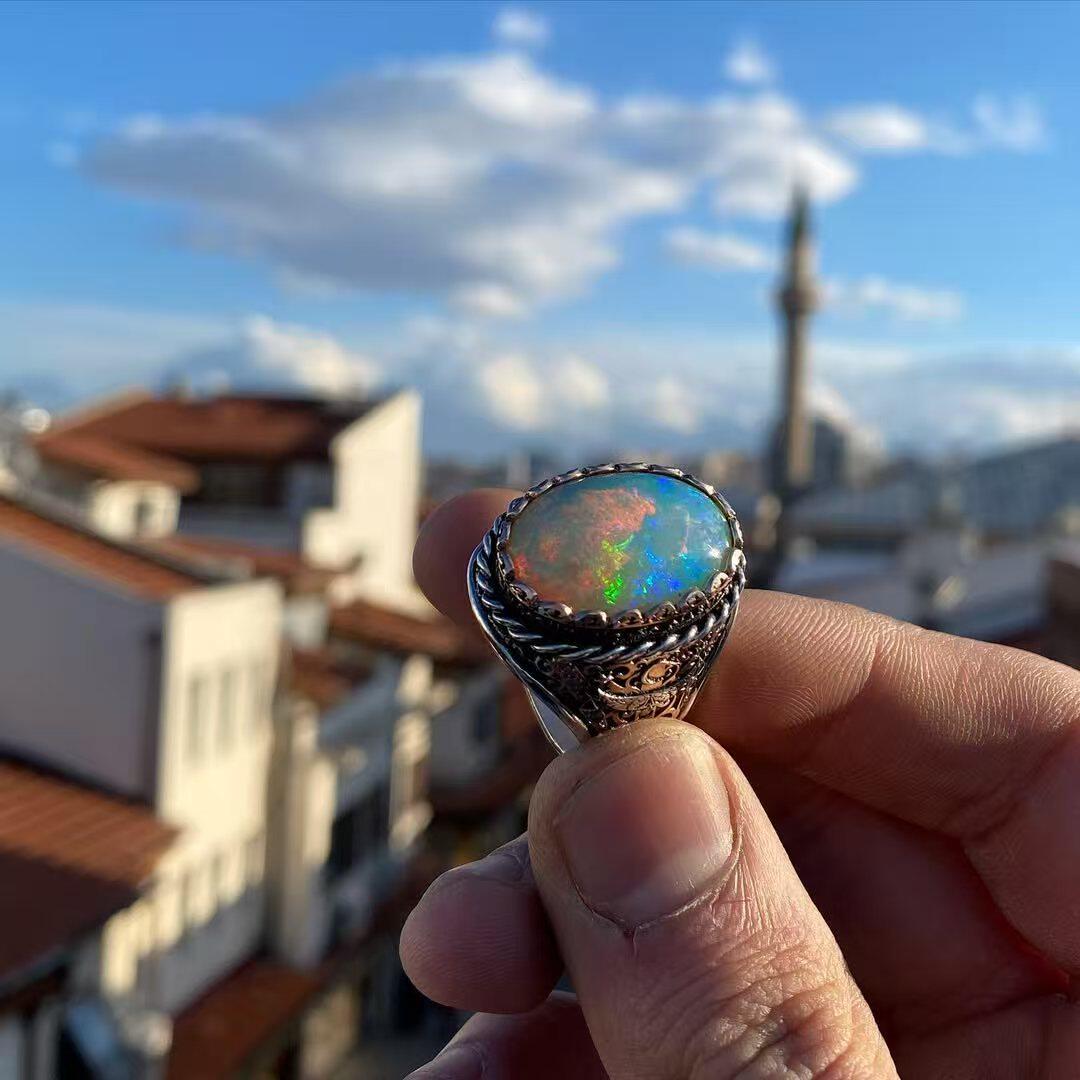 复古维多利亚时代纯银戒指彩色蛋白石镶嵌花纹男士戒指石榴石圆形