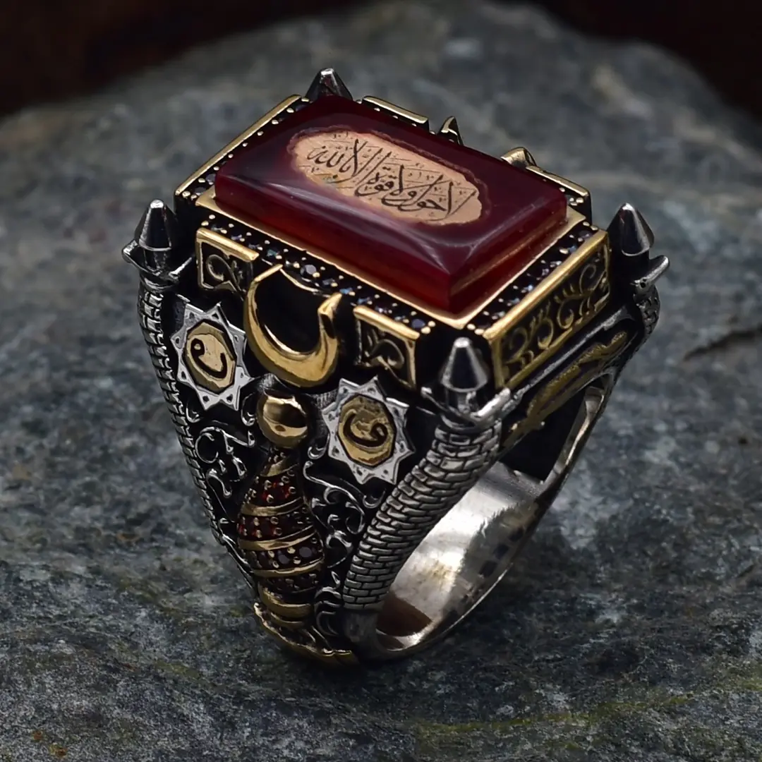 星星个性复古卡镶复古925银雕刻戒指男士红宝石时尚戒指礼盒装