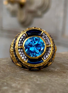 SELIM土耳其男女定制925银复古小众宫廷满钻海蓝宝石手工戒指环