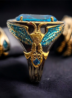 SELIM土耳其复古天使翅膀宝石925银戒指男女金色雕花指环