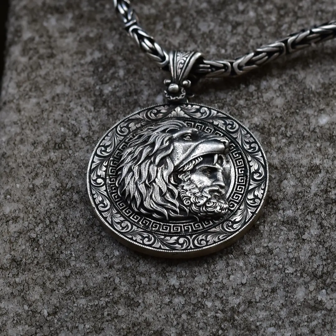 男女款熊图案个性复古银色熊头吊坠项链男古典浮雕雕刻金属链饰品